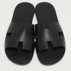Hermes Black Leather Izmir Slide Flats Size 47