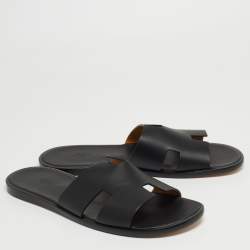Hermes Black Leather Izmir Slide Flats Size 47