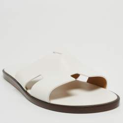 Hermes White Leather Izmir Slide Flats Size 47
