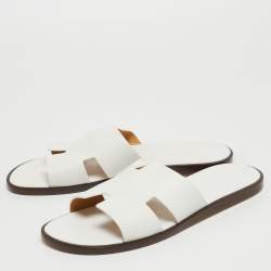 Hermes White Leather Izmir Slide Flats Size 47