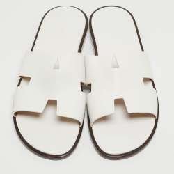 Hermes White Leather Izmir Slide Flats Size 47