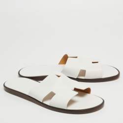 Hermes White Leather Izmir Slide Flats Size 47