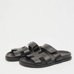 Pre Owned Hermes Black Leather Chypre Sandals Size 38