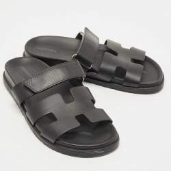 Pre Owned Hermes Black Leather Chypre Sandals Size 38