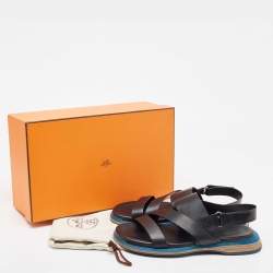 Pre Owned Hermes Black Leather Athene Velcro Slingback Flat Sandals Size 43.5