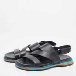 Pre Owned Hermes Black Leather Athene Velcro Slingback Flat Sandals Size 43.5