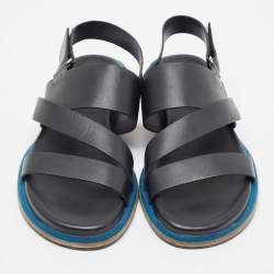 Pre Owned Hermes Black Leather Athene Velcro Slingback Flat Sandals Size 43.5