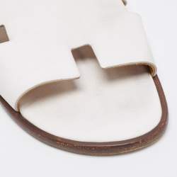 Hermes White Leather Izmir Flat Slides Size 44