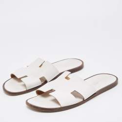 Hermes White Leather Izmir Flat Slides Size 44