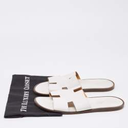 Hermes White Leather Izmir Flat Slides Size 44