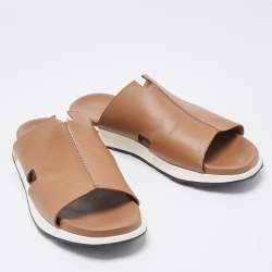 Hermes Brown Leather Pharaon Slides Size 45
