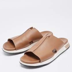 Hermes Brown Leather Pharaon Slides Size 45