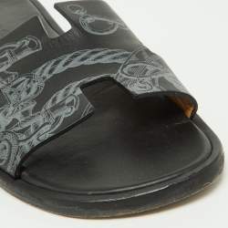 Hermes Black Printed Leather Izmir Slides Size 41
