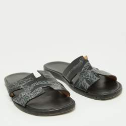 Hermes Black Printed Leather Izmir Slides Size 41
