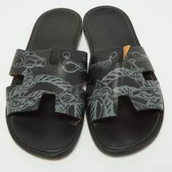 Hermes Black Printed Leather Izmir Slides Size 41