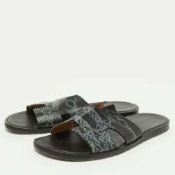 Hermes Black Printed Leather Izmir Slides Size 41