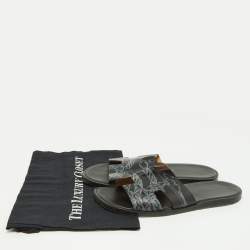 Hermes Black Printed Leather Izmir Slides Size 41