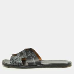 Hermes Black Printed Leather Izmir Slides Size 41