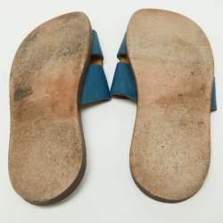 Hermes Blue Leather Izmir Slides Size 41