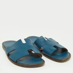 Hermes Blue Leather Izmir Slides Size 41