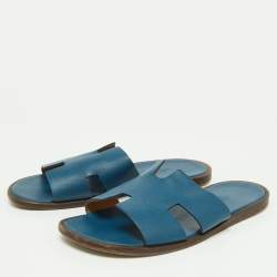 Hermes Blue Leather Izmir Slides Size 41