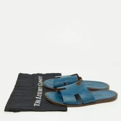 Hermes Blue Leather Izmir Slides Size 41