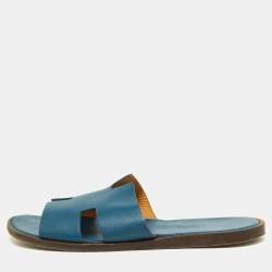 Hermes Blue Leather Izmir Slides Size 41