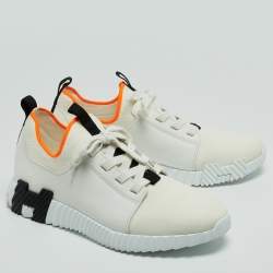 Hermes White Leather and Knit Fabric Depart Sneakers Size 42