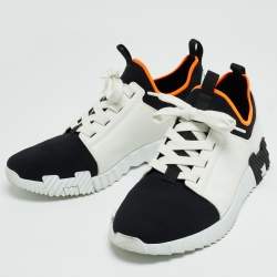 Hermes White/Black Leather and Knit Fabric Depart Sneakers Size 42