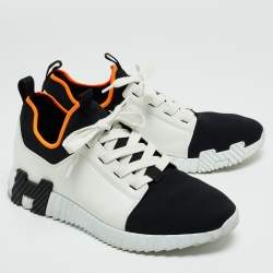 Hermes White/Black Leather and Knit Fabric Depart Sneakers Size 42