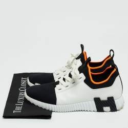 Hermes White/Black Leather and Knit Fabric Depart Sneakers Size 42