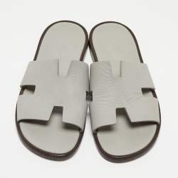 Hermes Grey Leather Izmir Slides Size 41
