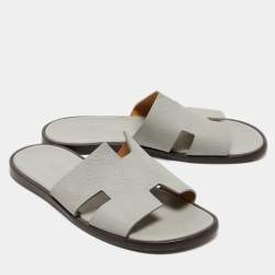 Hermes Grey Leather Izmir Slides Size 41