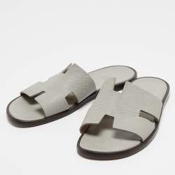 Hermes Grey Leather Izmir Slides Size 41