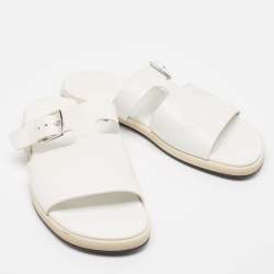 Hermes White Leather Buckle Detail Flat Slide Sandals Size 42.5