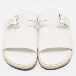 Hermes White Leather Buckle Detail Flat Slide Sandals Size 42.5