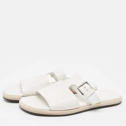 Hermes White Leather Buckle Detail Flat Slide Sandals Size 42.5