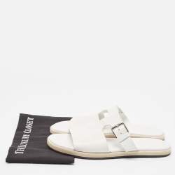Hermes White Leather Buckle Detail Flat Slide Sandals Size 42.5