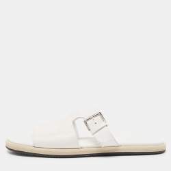 Hermes White Leather Buckle Detail Flat Slide Sandals Size 42.5