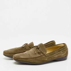 Hermes Olive Green Suede Bow Accents Loafers Size 44