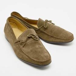 Hermes Olive Green Suede Bow Accents Loafers Size 44