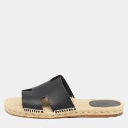Hermes Black Leather Antigua Espadrille Flats Size 45 
