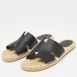 Hermes Black Leather Antigua Espadrille Flats Size 45 