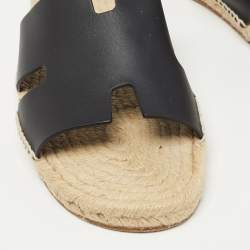 Hermes Black Leather Antigua Espadrille Flats Size 45 