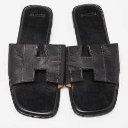 Hermes Black Leather Slides Size 40