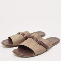 Hermes Brown/Brown Leather and Suede Flat Slides Size 43 