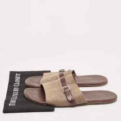 Hermes Brown/Brown Leather and Suede Flat Slides Size 43 