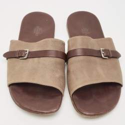 Hermes Brown/Brown Leather and Suede Flat Slides Size 43 