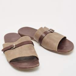 Hermes Brown/Brown Leather and Suede Flat Slides Size 43 