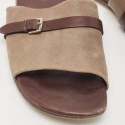 Hermes Brown/Brown Leather and Suede Flat Slides Size 43 